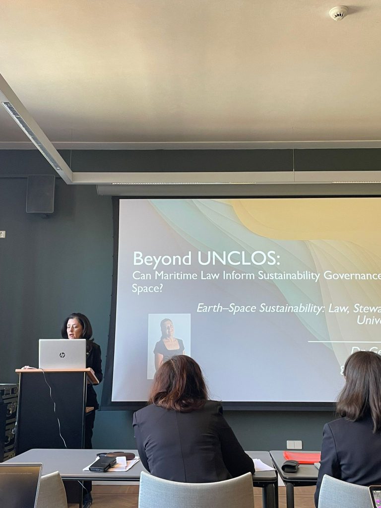 speaker presenting maritime law space sustainability governance Leiden conference Beyond UNCLOS presentation