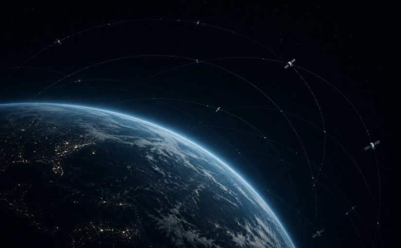 Earth orbit with satellites and orbital pathways illustrating space sustainability and debris mitigation governance