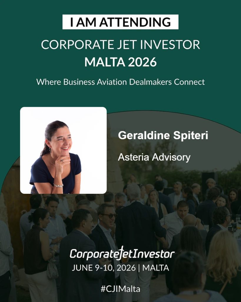 Geraldine Spiteri attending Corporate Jet Investor Malta 2026 representing Asteria Advisory at a business aviation industry event
