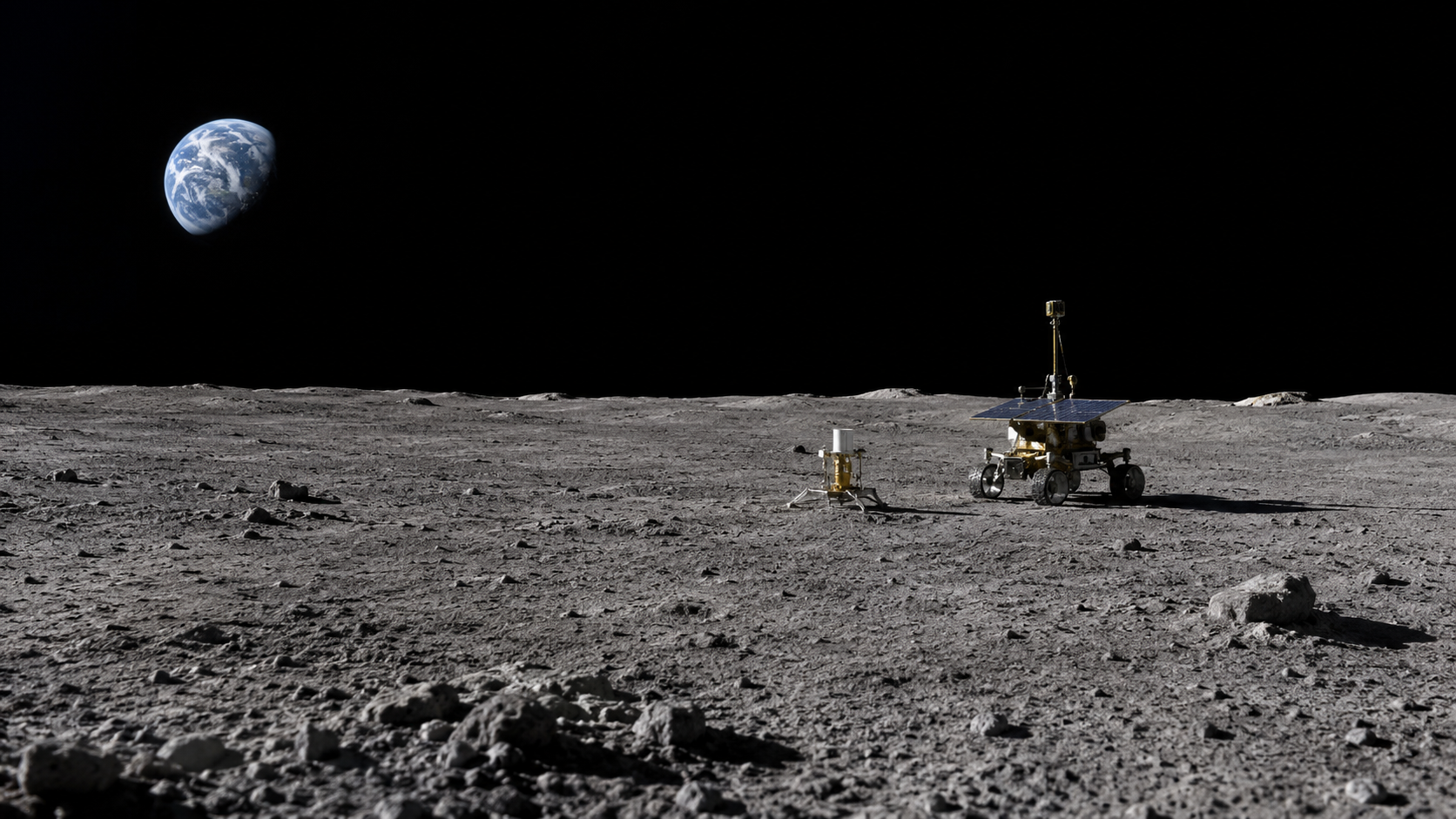 Earth viewed above the lunar surface with a robotic rover and scientific equipment representing sustainable Moon exploration